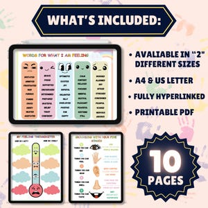 May include: A digital download of 10 printable pages for children to help them learn about and manage their emotions. The pages include a feeling thermometer, a list of words for feelings, and a grounding exercise using the five senses. The pages are available in 2 different sizes: A4 and US Letter.