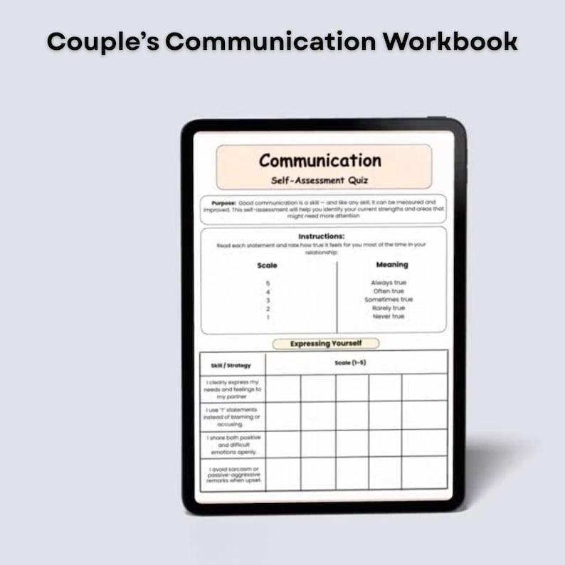 May include: A black tablet displays a "Couple's Communication Workbook" with a "Communication Self-Assessment Quiz." The quiz includes instructions, a scale, and a section on "Expressing Yourself."