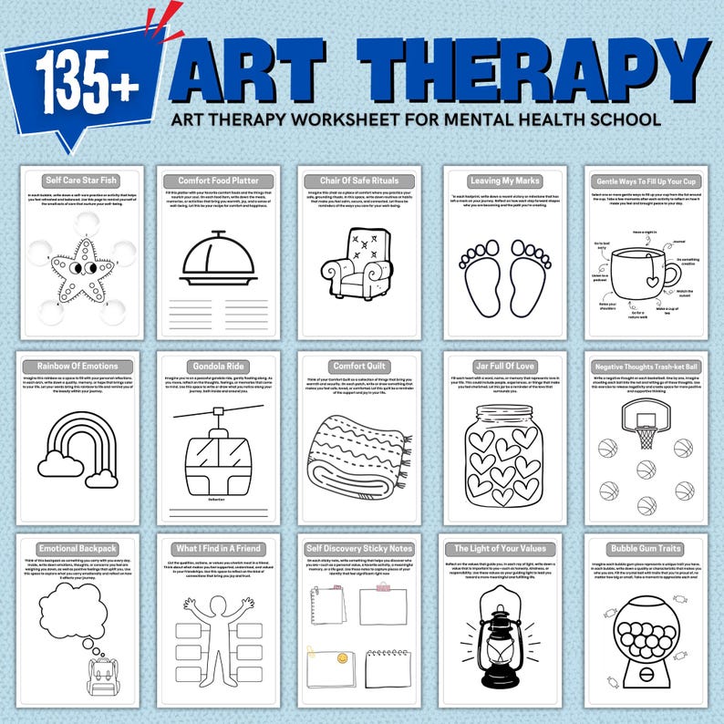 May include: A set of 12 black and white printable art therapy worksheets for mental health school. The worksheets feature various themes such as self-care, comfort, leaving your mark, and filling your cup.