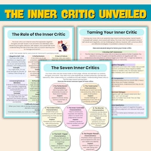 May include: A colorful infographic titled "The Inner Critic Unveiled" with two columns. The left column is titled "The Role of the Inner Critic" and explains how the inner critic influences thoughts and behavior. The right column is titled "Taming Your Inner Critic" and explains how to develop self-awareness and tame the inner critic. The infographic lists seven common types of inner critics: The Perfectionist, The Taskmaster, The Underminer, The Inner Controller, The Worrier, The Guilt-Tripper, and The People-Pleaser.