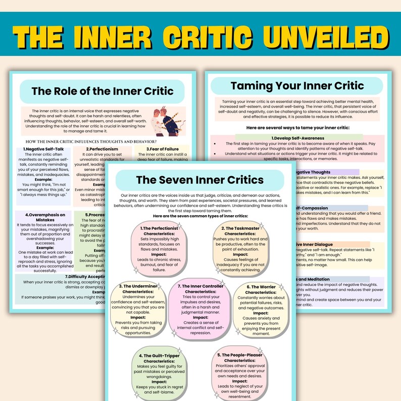 May include: A colorful infographic titled "The Inner Critic Unveiled" with two columns. The left column is titled "The Role of the Inner Critic" and explains how the inner critic influences thoughts and behavior. The right column is titled "Taming Your Inner Critic" and explains how to develop self-awareness and tame the inner critic. The infographic lists seven common types of inner critics: The Perfectionist, The Taskmaster, The Underminer, The Inner Controller, The Worrier, The Guilt-Tripper, and The People-Pleaser.