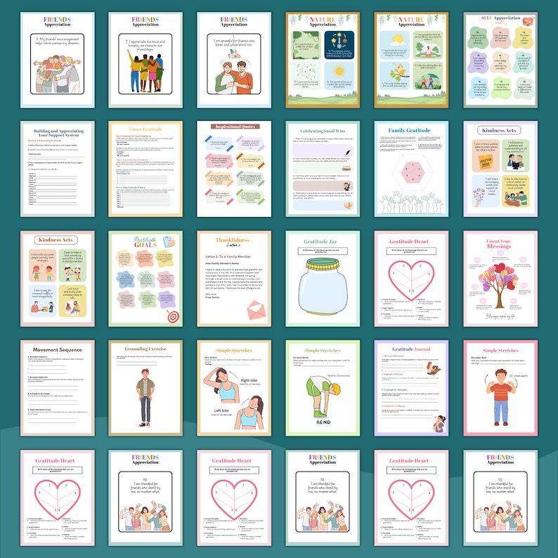 May include: A set of printable worksheets for practicing gratitude. The worksheets feature colorful illustrations and prompts for reflecting on friends, family, nature, and kindness. The worksheets are designed to help children develop a positive mindset and appreciate the good things in their lives.