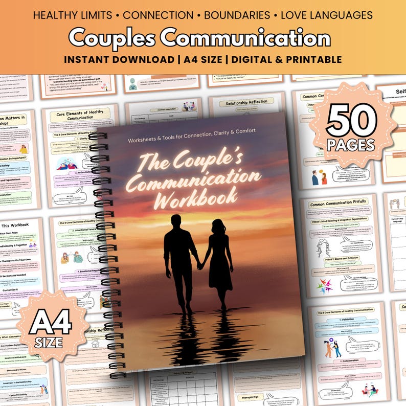 May include: A spiral-bound workbook titled "The Couple's Communication Workbook" with a sunset image of a couple holding hands. The cover includes the text "Worksheets & Tools for Connection, Clarity & Comfort." The image also shows "50 PAGES" and "A4 SIZE."