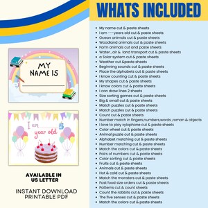 May include: Printable PDF cut and paste activity sheets for kids. The sheets feature colorful illustrations of rainbows, cakes, and other fun images. The text "My name is" and "I am 5 years old" is visible on the sheets.