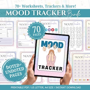 Puede incluir: Un paquete digital de seguimiento del estado de ánimo con más de 70 hojas de trabajo. La portada presenta a una persona con la cara entre las manos, rodeada de caras que representan diferentes emociones. Incluye páginas punteadas y sin puntos.