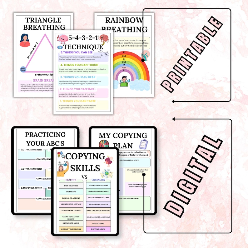 May include: A collection of printable digital mental health resources. The image features several colorful worksheets with titles like "Triangle Breathing," "Rainbow Breathing," and "Copying Skills." The word "Printable" and "Digital" are also visible.