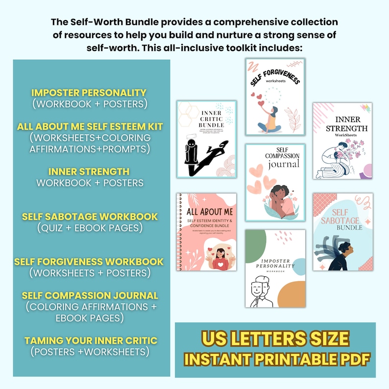 May include: The Self-Worth Bundle, a collection of printable resources for self-improvement. Includes workbooks, journals, and posters focused on self-esteem, inner strength, and self-forgiveness. The bundle is US Letters size.
