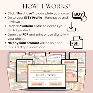 May include: A laptop displays digital self-help guides with titles like "Boundaries with Yourself" and "Rewiring the Guilt Loop." The image includes instructions on how to purchase and download the digital product. A "Buy" button and a PDF icon are also visible.