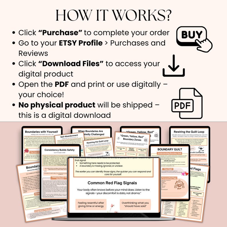 May include: A laptop displays digital self-help guides with titles like "Boundaries with Yourself" and "Rewiring the Guilt Loop." The image includes instructions on how to purchase and download the digital product. A "Buy" button and a PDF icon are also visible.