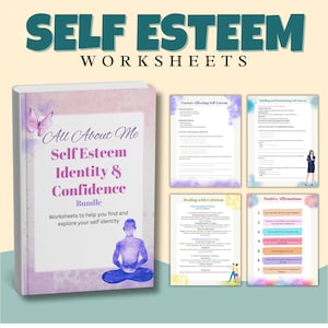 May include: A pink and purple self-esteem workbook with the title "All About Me Self Esteem Identity & Confidence Bundle". The workbook includes worksheets to help you find and explore your self identity. The cover features a watercolor illustration of a person meditating.