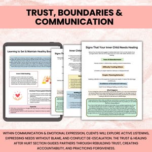 Puede incluir: Una tableta digital muestra varias p&aacute;ginas de una gu&iacute;a de autoayuda sobre confianza, l&iacute;mites y comunicaci&oacute;n. Las p&aacute;ginas presentan texto y gr&aacute;ficos sobre la curaci&oacute;n del ni&ntilde;o interior, el apego ansioso y la expresi&oacute;n emocional. El t&iacute;tulo es "Trust, Boundaries & Communication".
