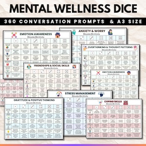 Op de afbeelding: Een verzameling Mental Wellness Dice activiteitenbladen met 360 gespreksvragen. De documenten bevatten rasters voor emotiebewustzijn, angst & zorgen, overdenken, vriendschappen, stressmanagement, dankbaarheid en copingvaardigheden.