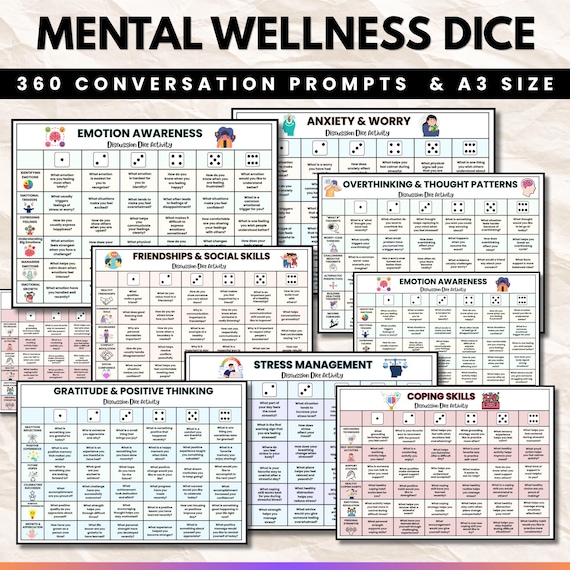 Mental Wellness Dice Discussion Activity Bundle, Therapy Conversation Prompts, Counseling Worksheets, Instant Download