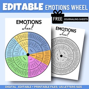 May include: A printable emotions wheel with a colorful wheel divided into eight sections, each with a different color and a different emotion:  Happy, Sad, Surprise, Anger, Disgust, Fear, and two sections labeled "Other".  The wheel is surrounded by a list of words that describe each emotion.  The text "EDITABLE EMOTIONS WHEEL" is at the top of the image.  The text "FREE JOURNALING SHEETS" is at the top right of the image.  The text "DIGITAL, EDITABLE + PRINTABLE FILES/US LETTERS SIZE" is at the bottom of the image.