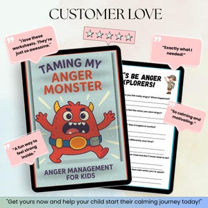Pu&ograve; includere: Un tablet digitale mostra un foglio di lavoro intitolato "Taming My Anger Monster" con un'illustrazione di un mostro rosso. Il testo "Anger Management for Kids" &egrave; in basso. Sono visibili anche testimonianze di clienti e valutazioni a stelle.