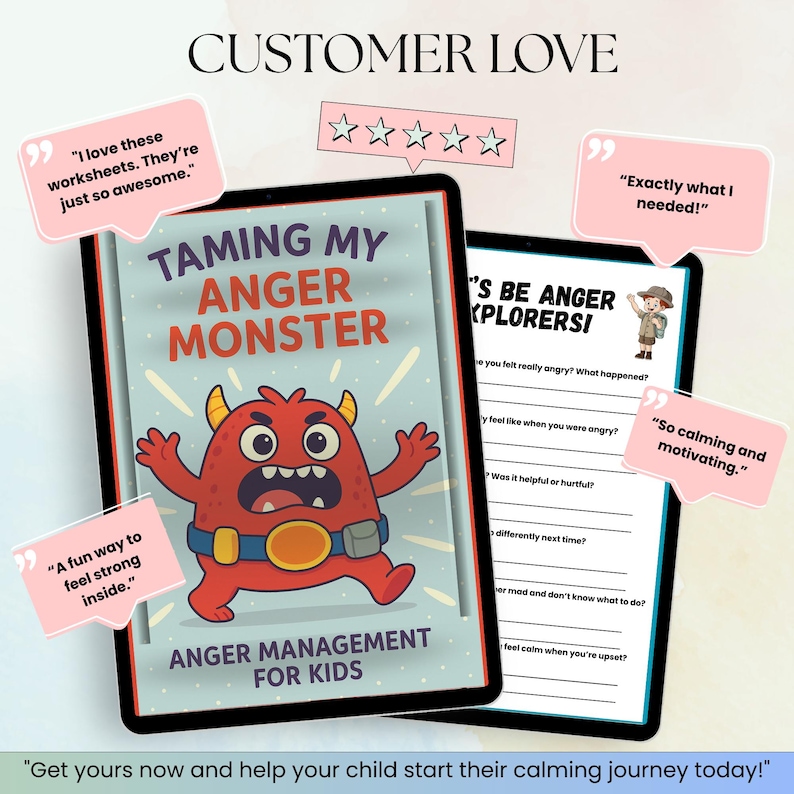 Pu&ograve; includere: Un tablet digitale mostra un foglio di lavoro intitolato "Taming My Anger Monster" con un'illustrazione di un mostro rosso. Il testo "Anger Management for Kids" &egrave; in basso. Sono visibili anche testimonianze di clienti e valutazioni a stelle.