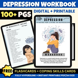 100+ Pages Depression Journal Bundle |  Depression Workbook | Worksheets Coping Skills | Therapy Worksheets | Free Flashcards | Instant PDF