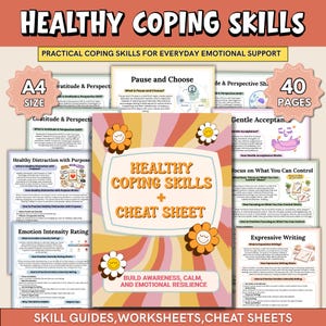 Pode incluir: Uma coleção de folhas de trabalho e guias imprimíveis intitulada "Healthy Coping Skills + Cheat Sheet". O design apresenta um esquema de cores retrô com detalhes de margaridas. Os materiais incluem guias de habilidades, folhas de trabalho e folhas de dicas.