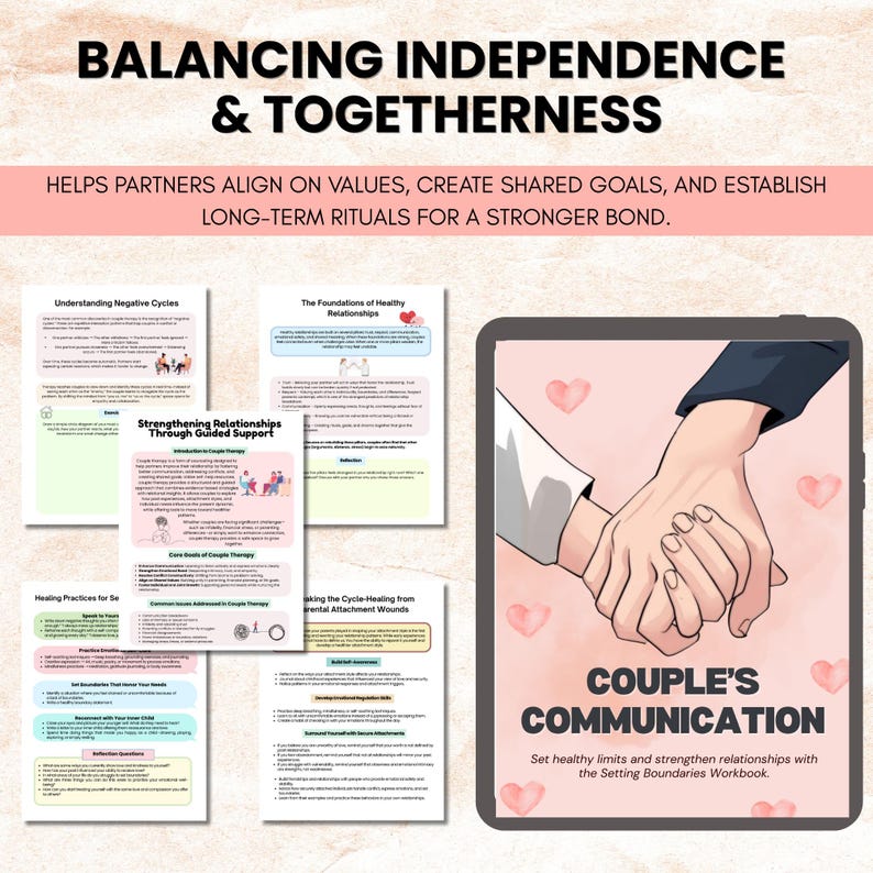 Puede incluir: Imagen de un producto digital con el texto "BALANCING INDEPENDENCE & TOGETHERNESS" y "COUPLE'S COMMUNICATION". La imagen incluye una tableta con un gr&aacute;fico de dos manos tomadas de la mano, rodeadas de corazones, y varias p&aacute;ginas de consejos de relaci&oacute;n.