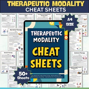 May include: A collection of "Therapeutic Modality Cheat Sheets" with the title in large yellow letters on a dark blue background. The image includes a tablet-like display with the text "A4 SIZE" and "50+ Sheets". The sheets cover various therapy types.