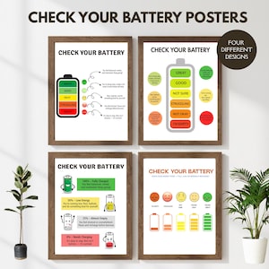 May include: Four framed posters with the text "CHECK YOUR BATTERY" and different battery level graphics. The posters are in brown frames and feature a variety of colorful illustrations and text to indicate energy levels.