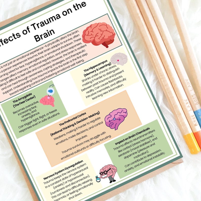 K&ouml;nnte beinhalten: Diagramm, das die Auswirkungen von Trauma auf das Gehirn zeigt. Das Diagramm zeigt die Amygdala, den Hippocampus, den pr&auml;frontalen Kortex und das Nervensystem. Das Diagramm enth&auml;lt auch Text, der die Auswirkungen von Trauma auf die Chemikalien im Gehirn beschreibt.
