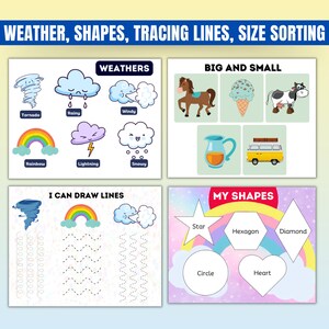 May include: A colorful educational worksheet for kids featuring weather icons, shapes, tracing lines, and size sorting activities. The worksheet includes images of a tornado, rainbow, rainy cloud, lightning, snowy cloud, windy cloud, a star, a hexagon, a diamond, a circle, a heart, a horse, an ice cream cone, a cow, a pitcher, and a van.