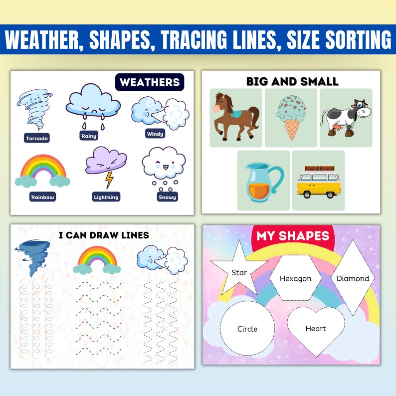 May include: A colorful educational worksheet for kids featuring weather icons, shapes, tracing lines, and size sorting activities. The worksheet includes images of a tornado, rainbow, rainy cloud, lightning, snowy cloud, windy cloud, a star, a hexagon, a diamond, a circle, a heart, a horse, an ice cream cone, a cow, a pitcher, and a van.