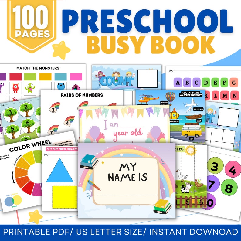 May include: A printable preschool busy book with 100 pages. The book includes activities such as matching monsters, counting, pairs of numbers, a color wheel, cutting out shapes, writing your name, and learning about air, land, and water transportation. The book is designed for children ages 3-5.