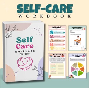 May include: A self-care workbook for teens with a pink and white cover featuring a heart with two hands around it. The workbook includes worksheets on goal setting, social circles, and relaxation techniques.