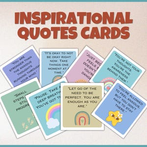 May include: Set of eight inspirational quote cards with colorful backgrounds and rainbow illustrations. The quotes include: "You are stronger than the anxious thoughts running through your mind." "It's okay to not be okay right now. Take things one moment at a time." "Just because it feels scary doesn't mean you're in danger." "You're not your thoughts. You're the awareness behind them." "Small steps still progress." "Pause. Take a deep breath. You've got this." "Let go of the need to be perfect. You are enough as you are." "You're allowed to feel anxious, but you don't have to stay there."