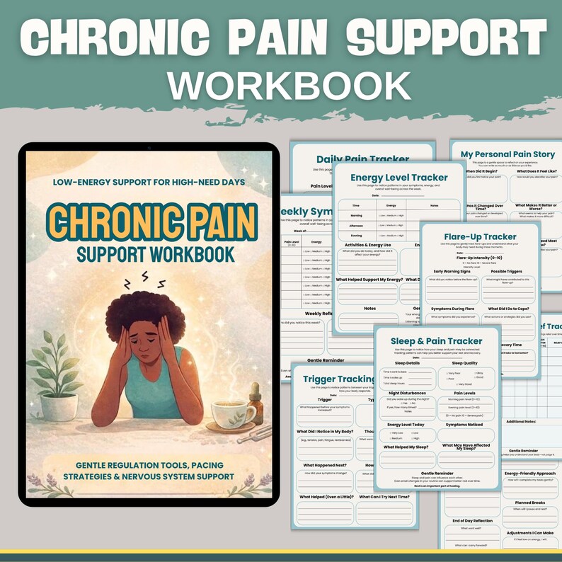 May include: A workbook titled "Chronic Pain Support Workbook" with a cover illustration of a person holding their head. The workbook includes trackers for pain, energy levels, and sleep. The text on the cover reads "Gentle Regulation Tools, Pacing Strategies & Nervous System Support."