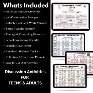 Op de afbeelding: Een digitale bron met 10 discussiedobbelsteenactiviteiten en 360 gespreksvragen voor tieners en volwassenen. De set bevat printbare PDF-pagina's in kleur en zwart-wit over onderwerpen zoals emotioneel welzijn en sociale vaardigheden.