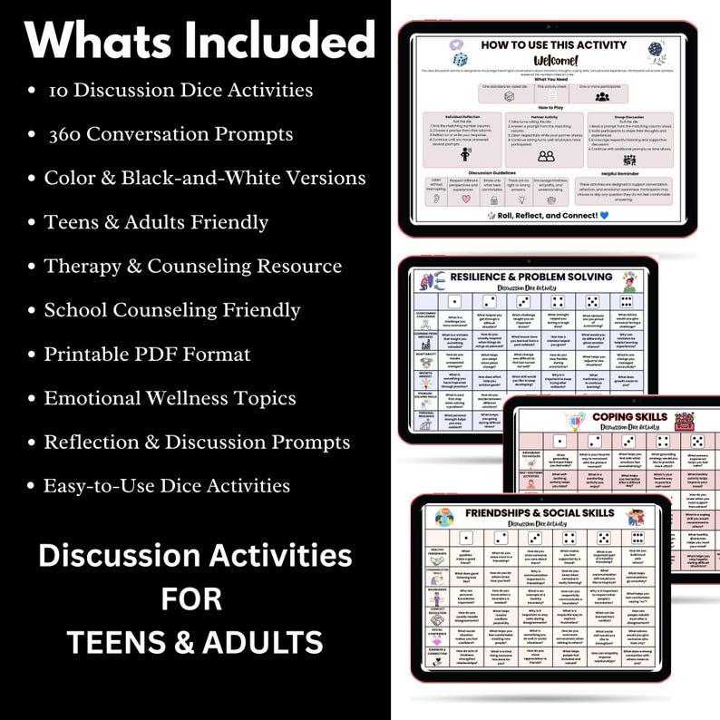 Op de afbeelding: Een digitale bron met 10 discussiedobbelsteenactiviteiten en 360 gespreksvragen voor tieners en volwassenen. De set bevat printbare PDF-pagina's in kleur en zwart-wit over onderwerpen zoals emotioneel welzijn en sociale vaardigheden.
