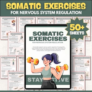 Puede incluir: Un paquete de productos digitales titulado "Ejercicios Somáticos para la Regulación del Sistema Nervioso". La imagen muestra a una mujer levantando pesas, con el texto "Stay Active". El paquete incluye más de 50 hojas con varios ejercicios.