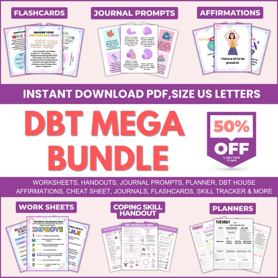 DBT Mega Bundle: Therapy Worksheets, Flashcards, Journal (Digital Download)