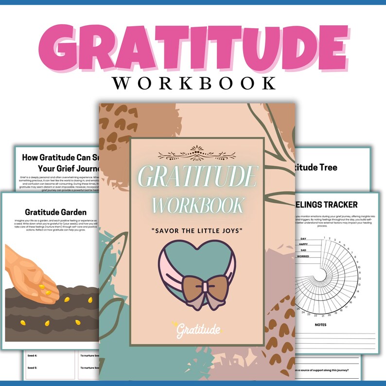 May include: A pink and brown gratitude workbook with the title "Gratitude Workbook" and the subtitle "Savor the Little Joys". The cover features a heart with a bow and a floral pattern.