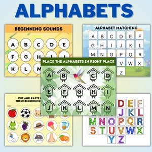 May include: A set of alphabet learning activities for kids. The activities include matching letters, placing letters in the correct order, and cutting and pasting letters to match the beginning sound of a picture. The pictures include a soccer ball, an apple, a frog, grapes, a hat, an ice cream cone, a pitcher, a kite, a lion, a mouse, a nose, and an orange.
