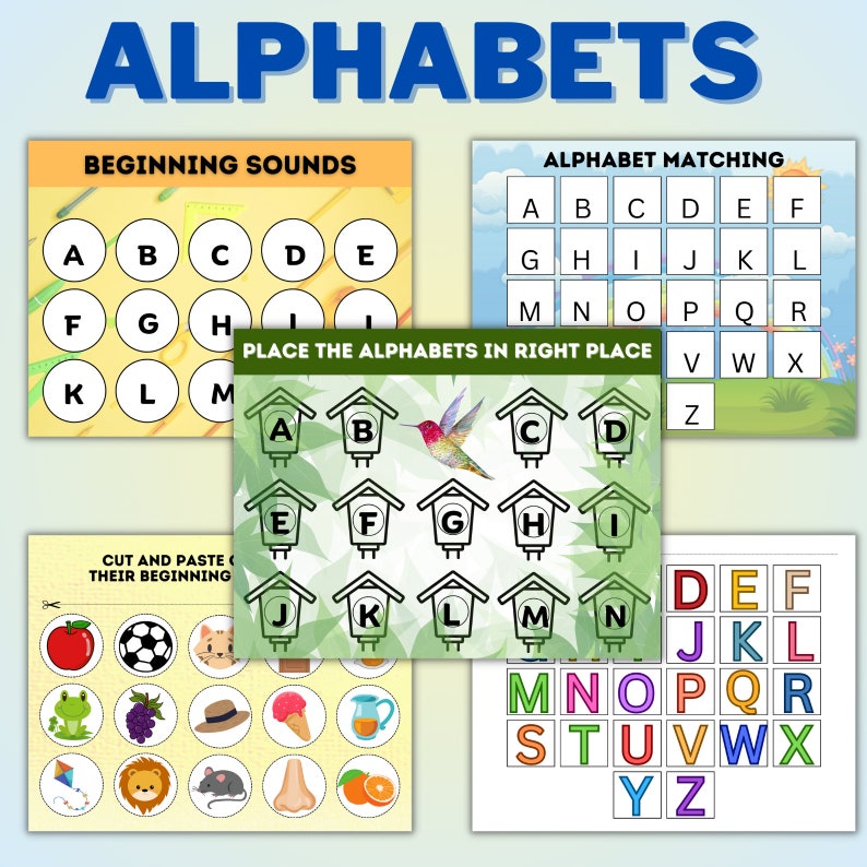 May include: A set of alphabet learning activities for kids. The activities include matching letters, placing letters in the correct order, and cutting and pasting letters to match the beginning sound of a picture. The pictures include a soccer ball, an apple, a frog, grapes, a hat, an ice cream cone, a pitcher, a kite, a lion, a mouse, a nose, and an orange.