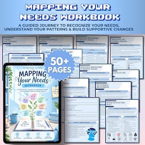 Może przedstawiać: Cyfrowy zeszyt ćwiczeń zatytułowany Mapping Your Needs Workbook zawierający ponad 50 stron do samopoznania. Okładka przedstawia grafikę drzewa z ikonami odpoczynku, bezpieczeństwa, wsparcia, autonomii, równowagi i granic oraz niebieski kubek.