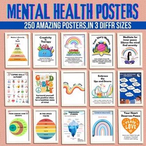 Puede incluir: Una colección de 12 carteles coloridos de salud mental con diversos temas y diseños. Los carteles presentan ilustraciones, texto y mensajes motivacionales. Algunos de los temas incluyen habilidades de afrontamiento, creatividad, meditación de la bondad amorosa, abrazar los altibajos y encontrar la paz interior.