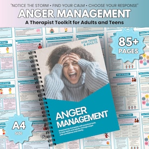 May include: A spiral-bound workbook titled "ANGER MANAGEMENT" with the subtitle "A Therapist Toolkit for Adults and Teens." The cover features a distressed person. The workbook includes over 85 pages and is A4 size.