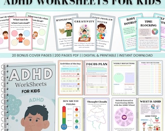 ADHS Arbeitsblätter für Kinder 200 Seiten, 20 Bonus Deckseiten, ADHS Organisation für Kinder, Kinder Fähigkeiten, ADHS Lernmittel, Sofort Download