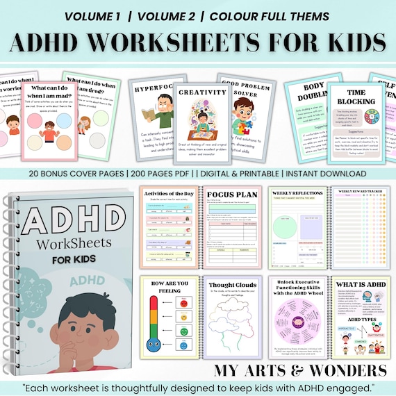 ADHD Worksheets For Kids 200 Pages, 20 Bonus Cover Pages, ADHD Organization Kid, Kids Life Skills, ADHD Learning Aids, Instant Download