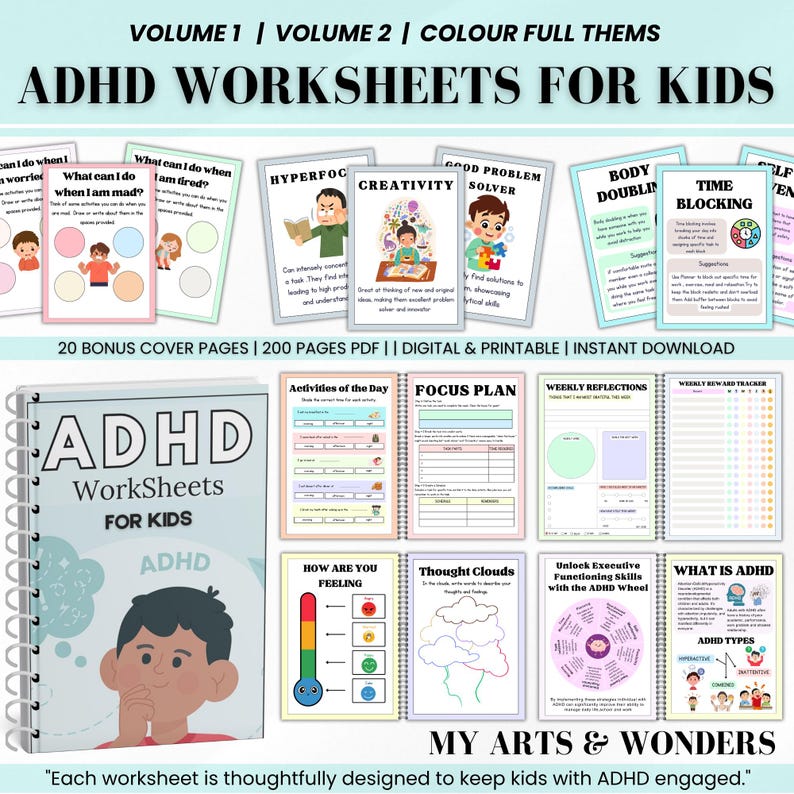 Pu&ograve; includere: Fogli di lavoro ADHD per bambini, volumi 1 e 2, con temi colorati. Include 200 pagine di fogli di lavoro stampabili, download digitali e pagine di copertina bonus. Presenta attivit&agrave;, piani di concentrazione e riflessioni settimanali.