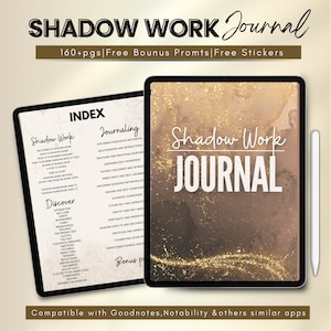 以下が含まれることがあります： 金色と茶色の水彩画の背景を持つデジタルジャーナルの表紙。テキスト「Shadow Work Journal」は白で、「160+pgs|Free Bonus Prompts|Free Stickers」は白です。このジャーナルは、Goodnotes、Notability、およびその他の同様のアプリと互換性があります。