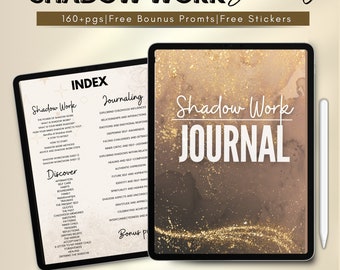 May include: A digital journal cover with a gold and brown watercolour background. The text "Shadow Work Journal" is in white and the text "160+pgs|Free Bonus Prompts|Free Stickers" is in white. The journal is compatible with Goodnotes, Notability, and other similar apps.
