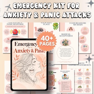 Könnte beinhalten: Ein digitales Notfallset für Angstzustände und Panikattacken mit über 40 Seiten an Bewältigungsstrategien. Das Cover zeigt eine Strichzeichnung einer Person mit offenem Mund, umgeben von pfirsichfarbenen Blättern und Text.