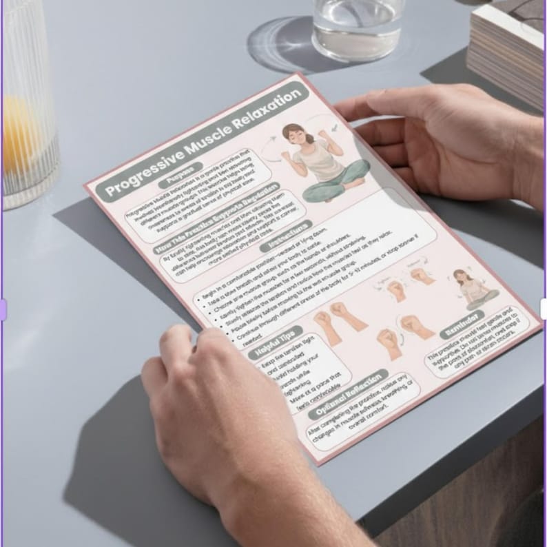 Op de afbeelding: Een persoon houdt een roze en wit bedrukt vel vast met de titel "Progressieve Spierontspanning". Het vel bevat instructies, handige tips en een herinnering. De tekst is in het Engels en het vel bevat illustraties.