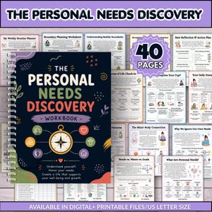 Może przedstawiać: Spiralny skoroszyt zatytułowany The Personal Needs Discovery z ciemnoniebieską okładką, grafiką kompasu, kolorowymi ikonami i tekstem. Zestaw zawiera 40 stron arkuszy do druku z różnymi tematami dotyczącymi autorefleksji i wykresami.